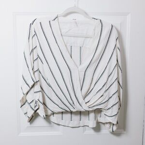 Free People Boho White Black Striped Top Crop Blouse Kimono Sleeve Size Medium